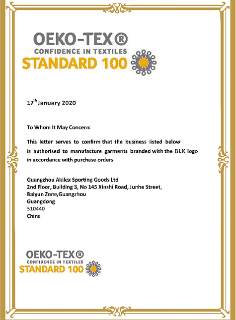Carta de confirmación de la autorización de producción según la norma OEKO-TEX® Standard 100 (Certificado de autorización de la norma OEKO-TEX® Confidence in Textiles Standard 100)