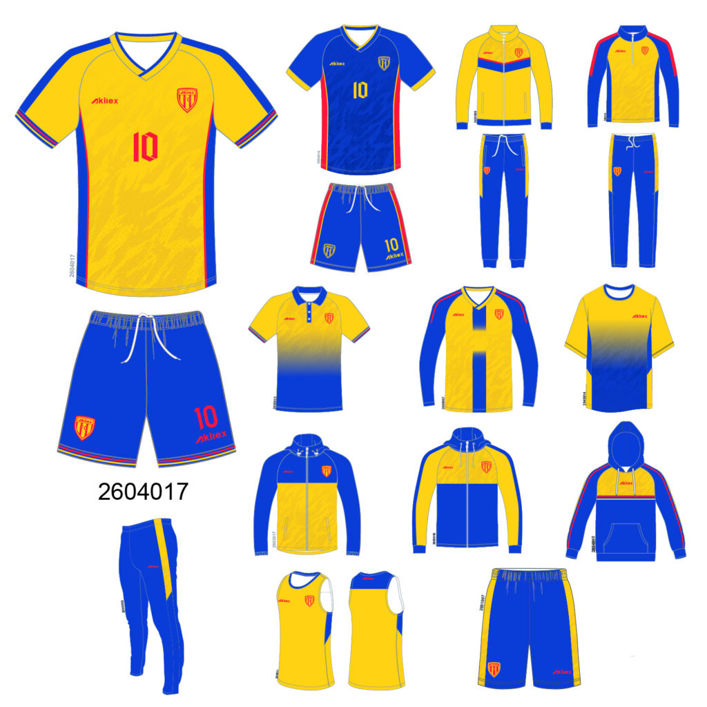 Set di divise da calcio personalizzate giallo-blu per squadre, vendita all'ingrosso