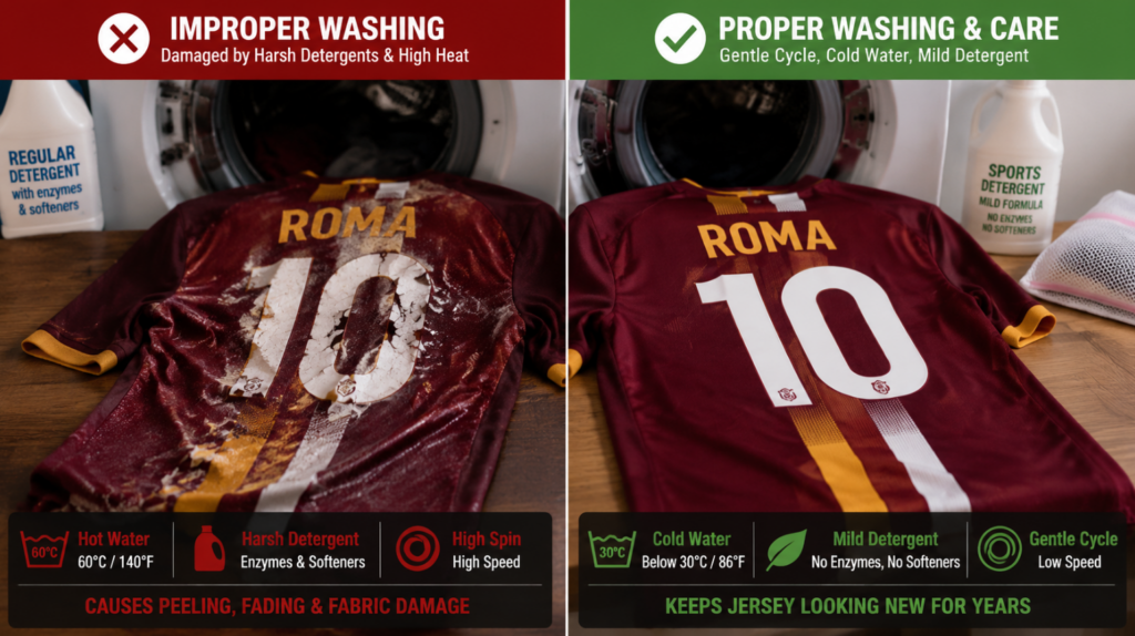 Se recomienda incluir una imagen comparativa: a la izquierda, un estampado de una camiseta que se ha desprendido y se ha estropeado por un lavado inadecuado; a la derecha, una camiseta que se mantiene en perfecto estado tras haber sido lavada y cuidada correctamente.