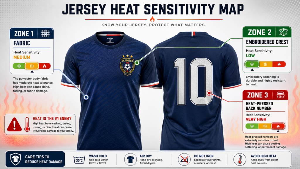 Muestra tres zonas diferenciadas de una camiseta —la zona 1 (tejido), la zona 2 (escudo del equipo bordado) y la zona 3 (número estampado a calor en la espalda)—, indicando la sensibilidad al calor de cada una de ellas.