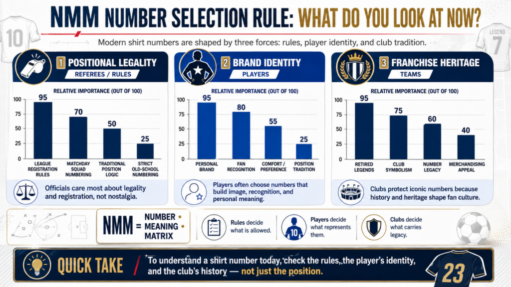 Insérez ici une infographie intitulée “ Number-Meaning-Matrix.jpg ”, comportant trois graphiques à barres — « Légalité positionnelle », « Identité de marque » et « Héritage de la franchise » — correspondant respectivement aux arbitres, aux joueurs et aux équipes.