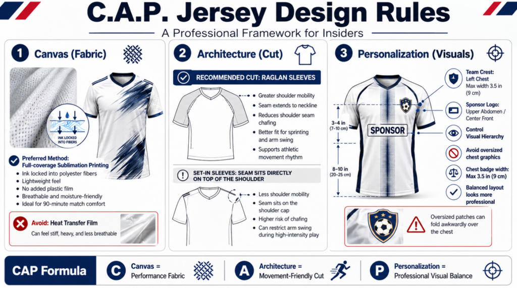 Insérez ici une infographie intitulée “ CAP-Kit-Design-Formula.jpg ”, divisée en trois modules — Toile (tissu), Architecture (coupe) et Personnalisation (visuels) —, accompagnée de leurs spécifications techniques correspondantes.