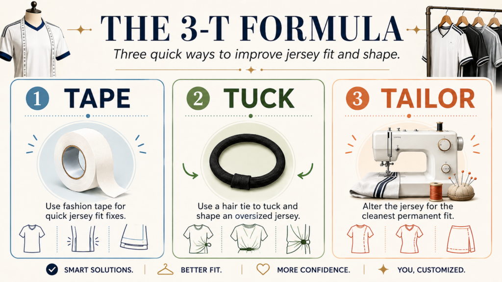 Una infografía personalizada que ilustra la "fórmula de las 3 T", con un icono que representa la "cinta", un icono de una diadema que representa el "dobladillo" y un icono de una máquina de coser que representa el "sastre"."