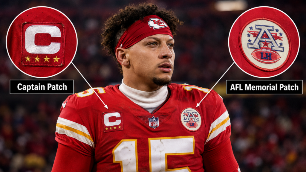 Fügen Sie eine Bildsequenz ein, in der eine Nahaufnahme von Patrick Mahomes auf dem Spielfeld in einer Endlosschleife gezeigt wird. Zoomen Sie zunächst auf seine rechte Brust, um das offizielle NFL-Kapitänsabzeichen ‘C’ zu zeigen, und schwenken Sie dann sofort auf seine linke Brust, um das runde AFL-Gedenkabzeichen ‘A’ hervorzuheben, wodurch deutlich wird, dass es sich um zwei völlig unterschiedliche Bezeichnungen handelt.