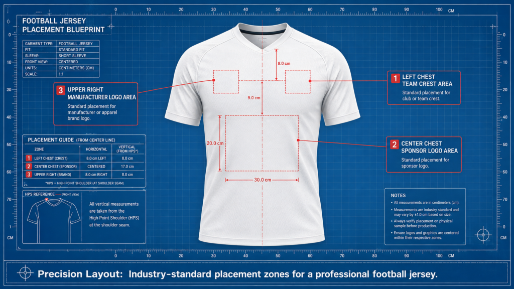 Las líneas rojas y las cuadrículas indican las zonas exactas de diseño: la zona del escudo del equipo en la parte izquierda del pecho, la zona del logotipo del patrocinador en el pecho y la zona del logotipo del fabricante en la parte superior derecha.