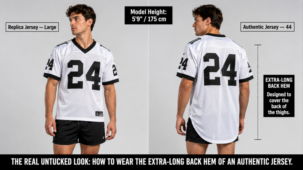 A Model Standing 5'9" Tall Is Shown First Trying On A Replica Jersey (Size Large) And Then Changing Into An Authentic Jersey (Size 44). This Clearly Demonstrates The Authentic Jersey's Extra-Long Back Hem, Which Is Long Enough To Cover The Back Of The Model's Thighs.