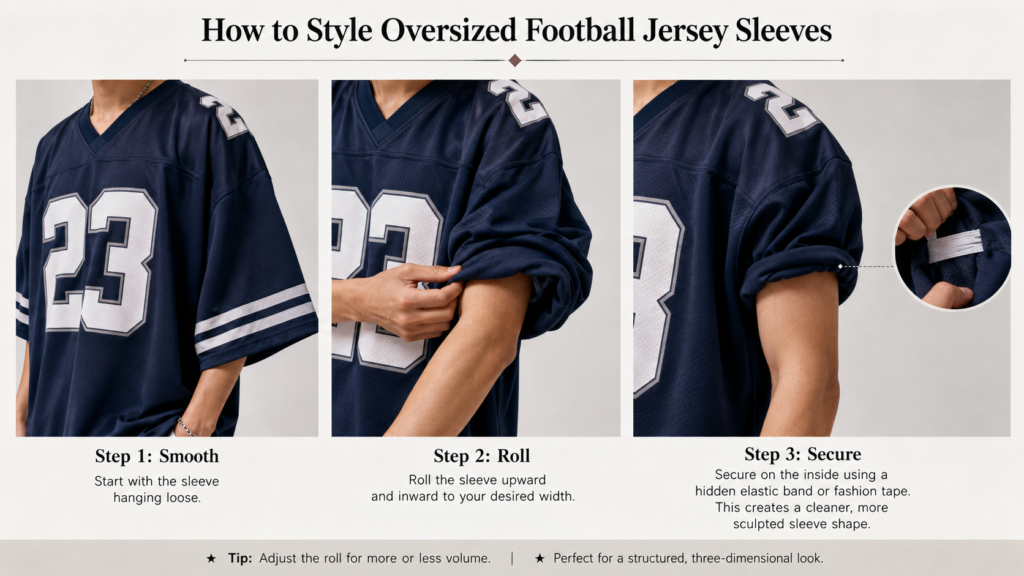 Demonstrating How To Properly Roll Up And Secure The Sleeves Of An Oversized Rugby Jersey To Create A More Structured, Dimensional Look.