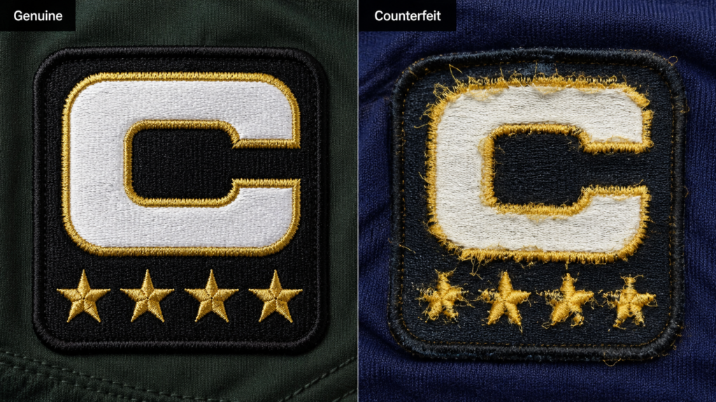 A Genuine Nfl Captain's Patch Is Displayed, Featuring Crisp, Well-Defined White And Gold Star Embroidery; In Contrast, A Counterfeit Patch Shows Gold Stitching That Bleeds Messily Into The Base Fabric.