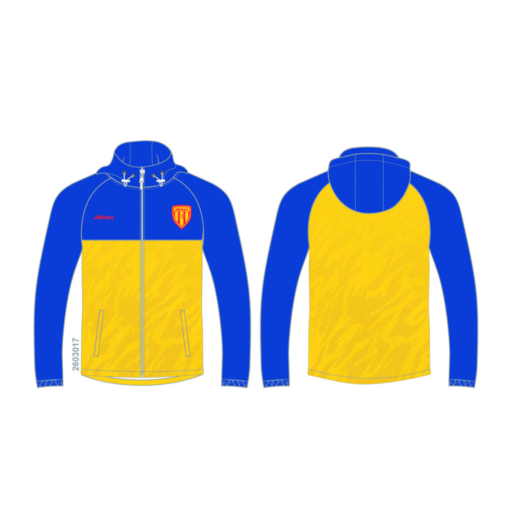 Giacca da calcio personalizzata gialla e blu, giacca a vento con cappuccio e zip integrale