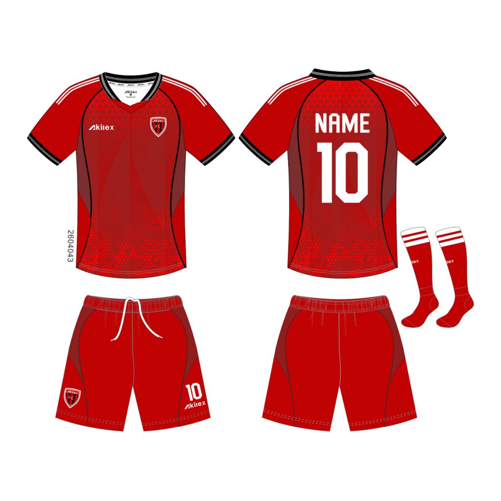 Equipación de fútbol personalizada en rojo y negro; conjunto de equipación de fútbol con impresión por sublimación