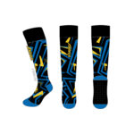 Calcetines de fútbol personalizados, a rayas azul marino y amarillo, hasta la rodilla