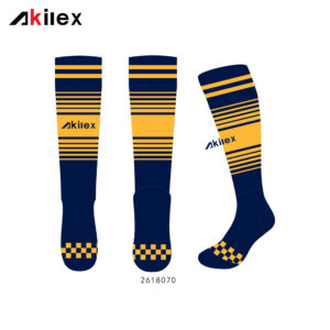 Calzettoni da calcio personalizzati a righe blu navy e gialle, a gamba alta...