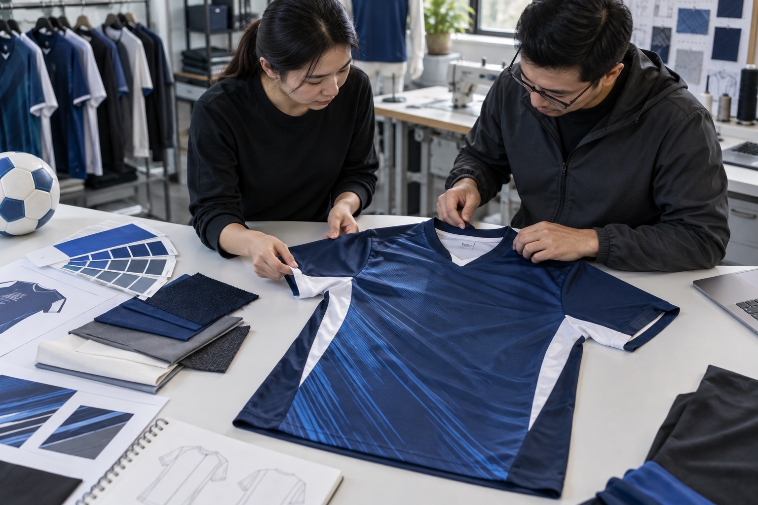 Custom soccer wear team reviewing a jersey sample and fabric swatches
