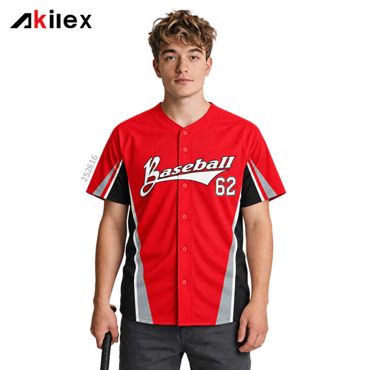 Custom Red Baseball Jersey with Grey Side Stripes