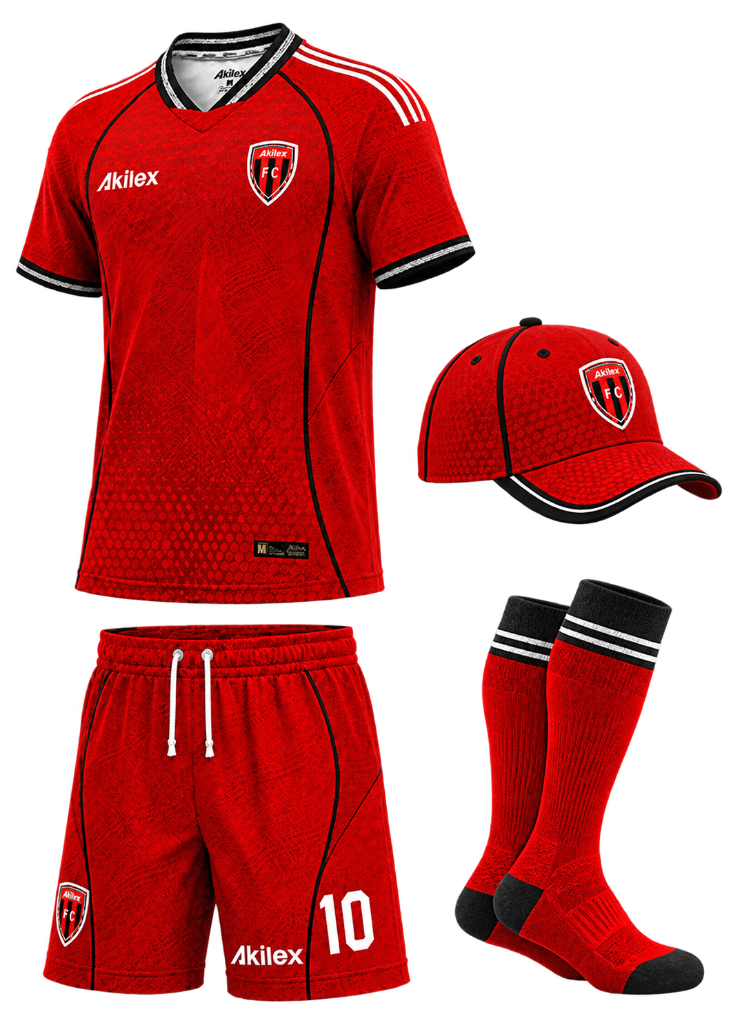 Akilex custom red teamwear kit with jersey, shorts, cap and socks
