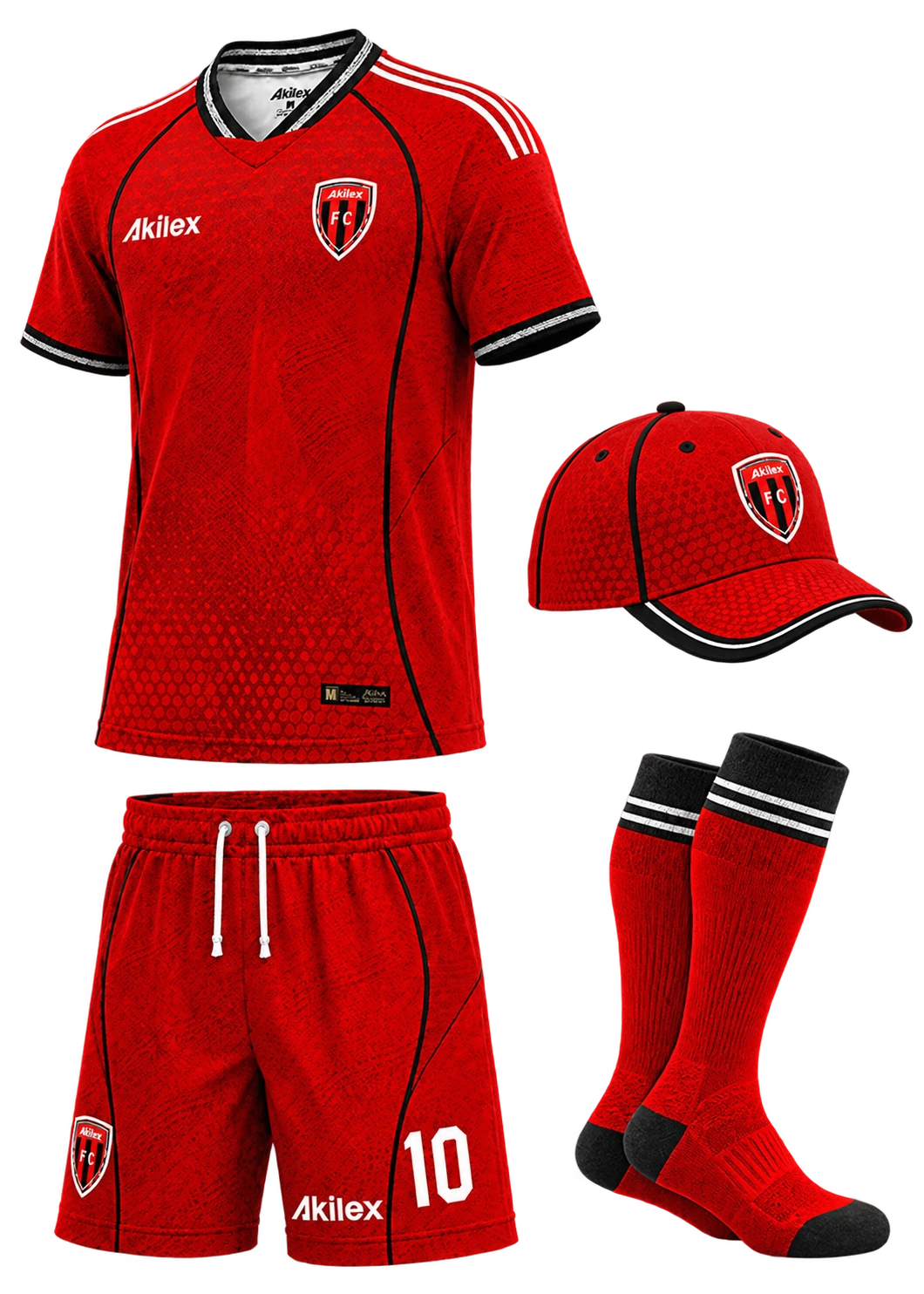 Akilex custom red teamwear kit with jersey, shorts, cap and socks